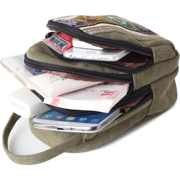 Women's S3 Army Green Vintage Embroidered Cute Mini Cross Body Bag Small Handbag - Picture 6 of 8